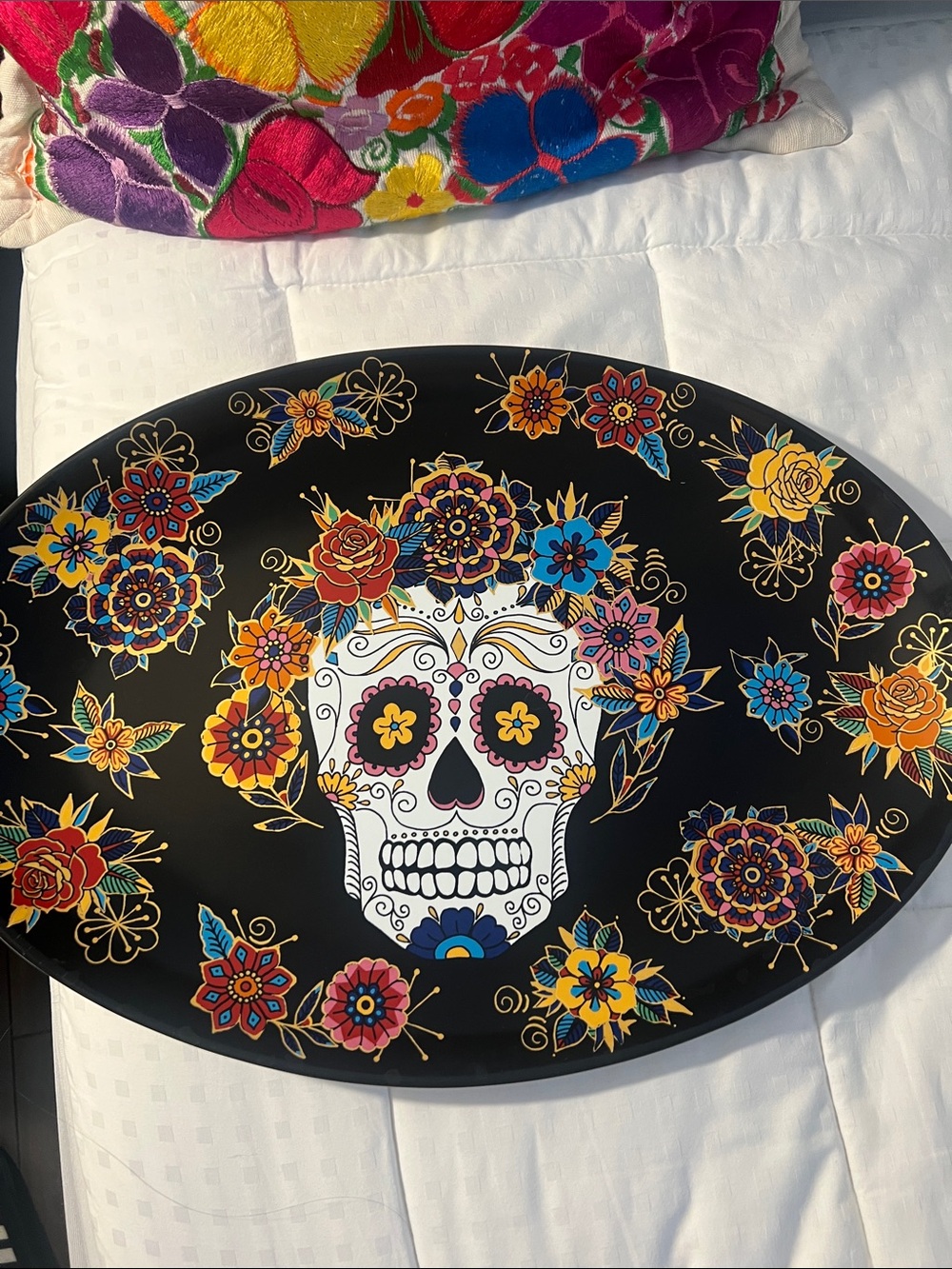 Day of the Dead Floral Skull Black Platter